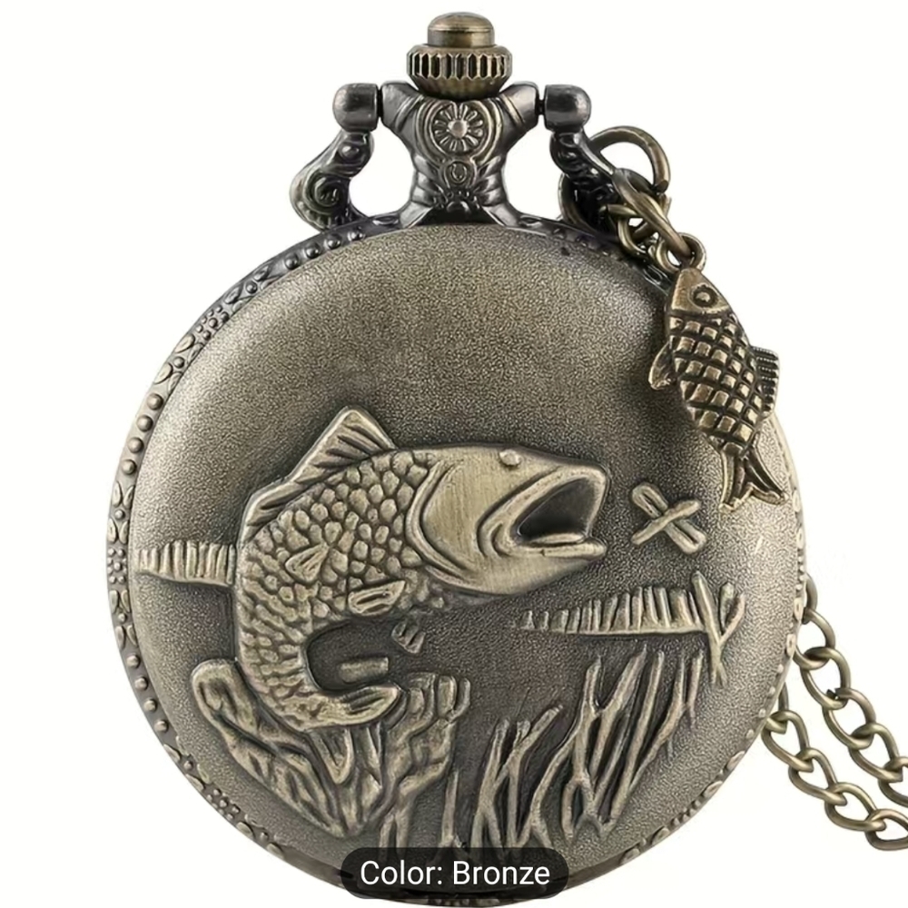 Vintage Bronze Fish Pocket Watch Quartz Necklace New Fishing Gift
